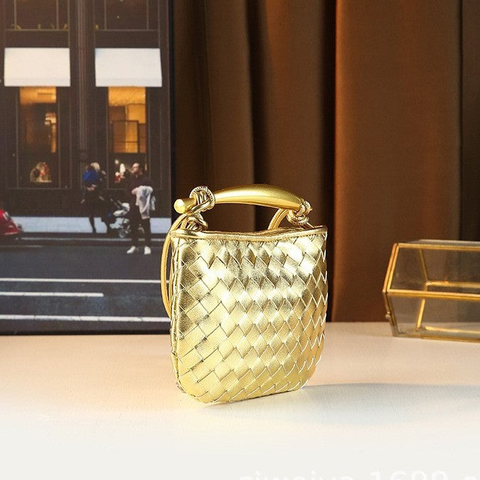 Gold Mini Woven Bag for Women with Sardine Handle, Niche Shoulder Crossbody Handbag with Unique Hardware Accent