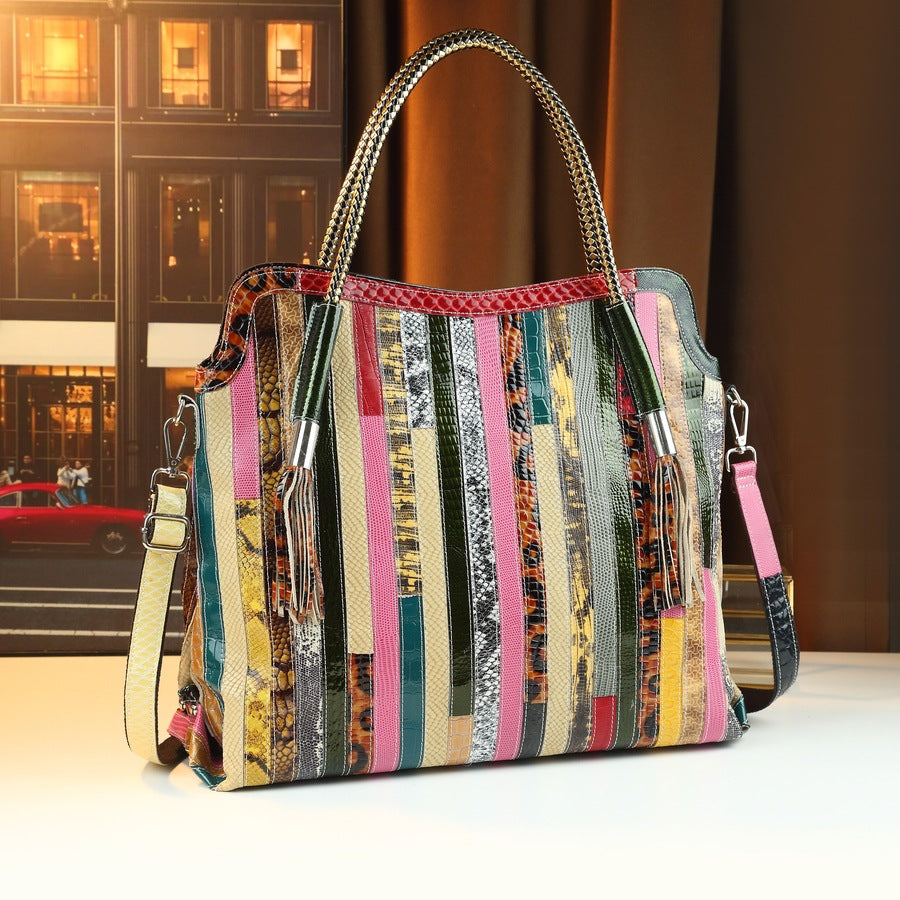 New Arrival Colorful Strap Genuine Leather Tote Bag for Women, A Casual Large Crossbody Shoulder Handbag with Unique Spliced Design