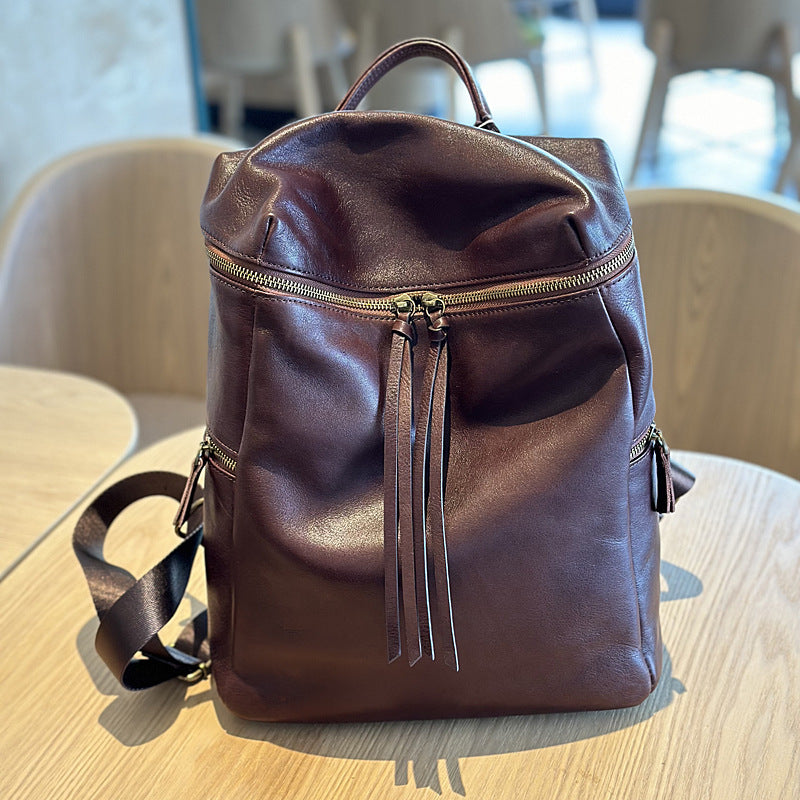 Genuine Top Layer Vegetable-Tanned Cowhide Backpack for Women, Vintage Minimalist School Travel Daypack, Large Capacity Leather Bag for Ladies