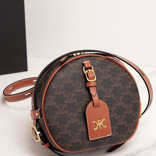 Genuine Leather Round Crossbody Bag for Women, New Fall Winter Casual Shoulder Purse, Small Circle Handbag for Ladies