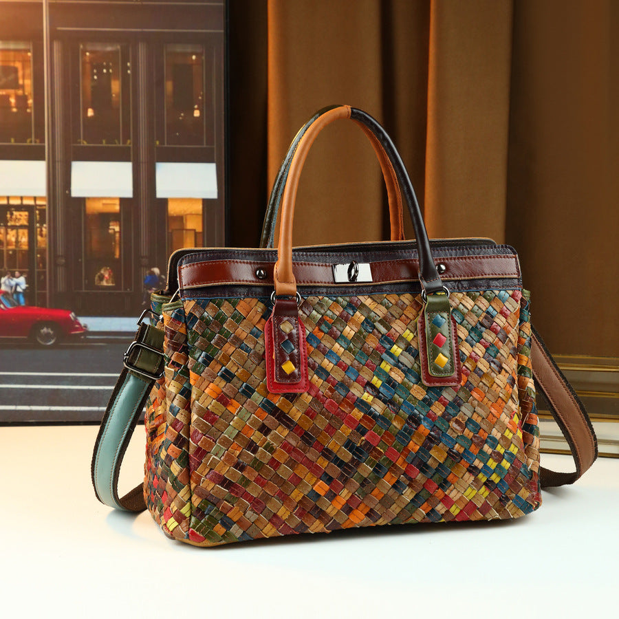 Woven Genuine Leather Tote Bag for Women Large Capacity Travel Shoulder Crossbody Handbag, Versatile Everyday Carryall with Artisan Woven Detail