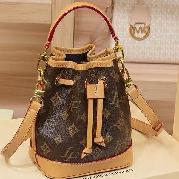 Genuine Leather Korean Style Printed Bucket Bag for Women, New Elegant Light Luxury Shoulder Crossbody Purse, Versatile Everyday Handbag for Ladies