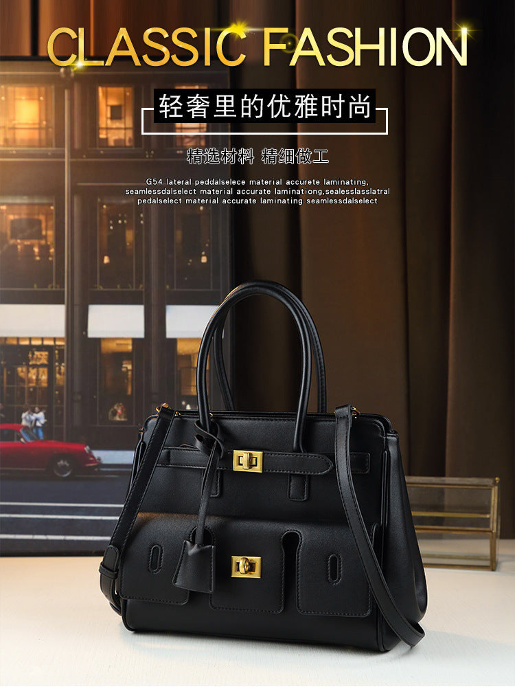 Designer Lock Buckle Multi-Pocket Tote Bag for Women Black Large Capacity Shoulder Crossbody Handbag, Versatile Biker-Style Purse with Edgy Hardware