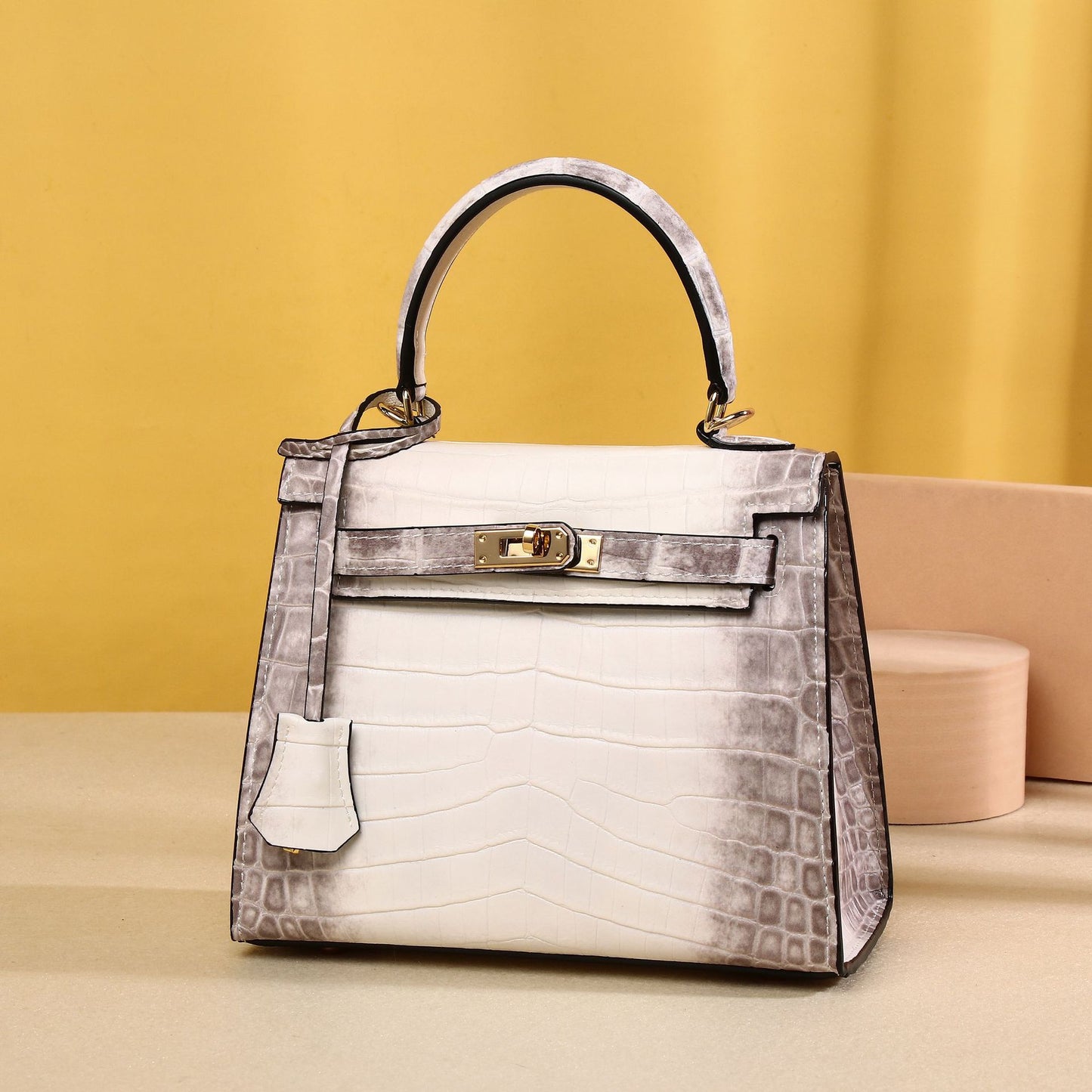 New Arrival 25cm Kelly-Inspired Croc-Effect Bag in Himalayan White for Women, A Premium Top-Handle Crossbody Shoulder Handbag with Fashionable Design