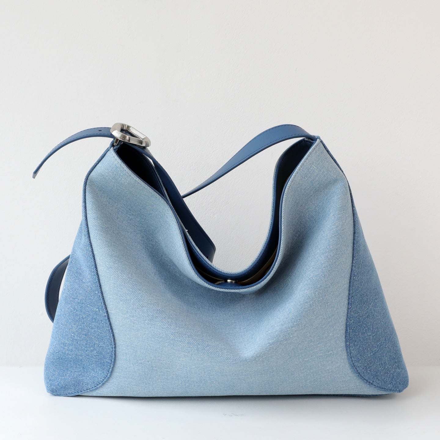 Denim and Genuine Leather Slouchy Tote Bag for Women Large Capacity Shoulder Crossbody Handbag, Premium Niche Purse with Minimalist Style