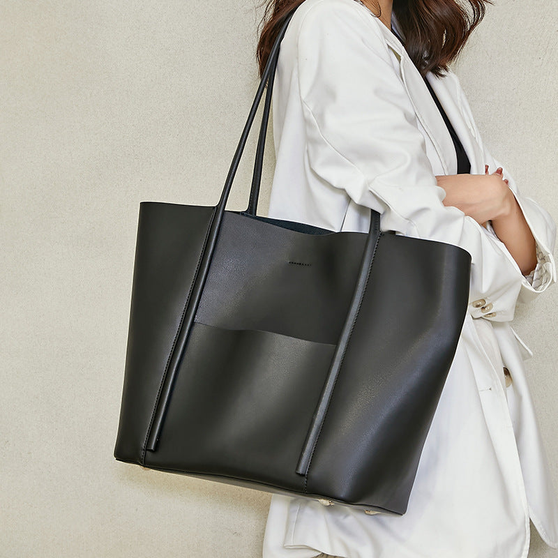 Cowhide Large Capacity Tote Bag for Women Stylish Commuter Shoulder Handbag, Versatile Bestselling Purse with Premium Leather Finish