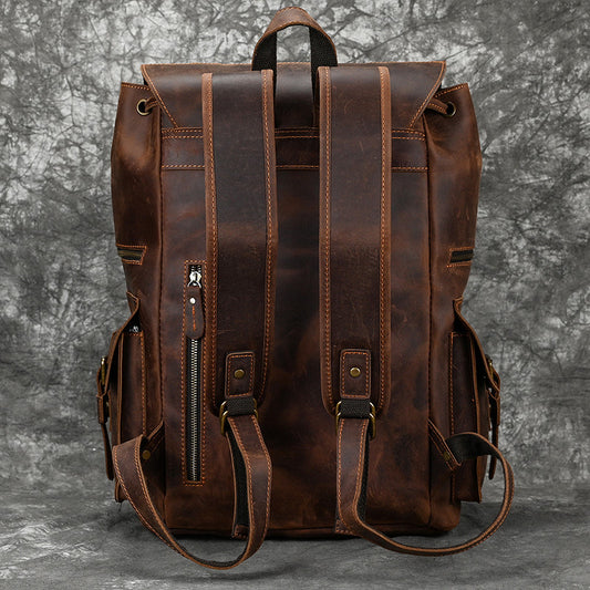 16-Inch Vintage Crazy Horse Leather Backpack, Large Capacity Travel Daypack, Durable Genuine Leather Bag for Men