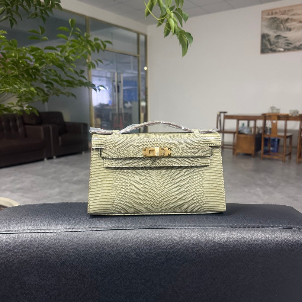 Genuine Top Layer Cowhide Lizard-Embossed Kelly-Style 22cm Bag for Women, Hand-Stitched Waxed Thread with Hand-Hammered Hardware, Lambskin Lining Square Purse with Full Steel Hardware for Ladies