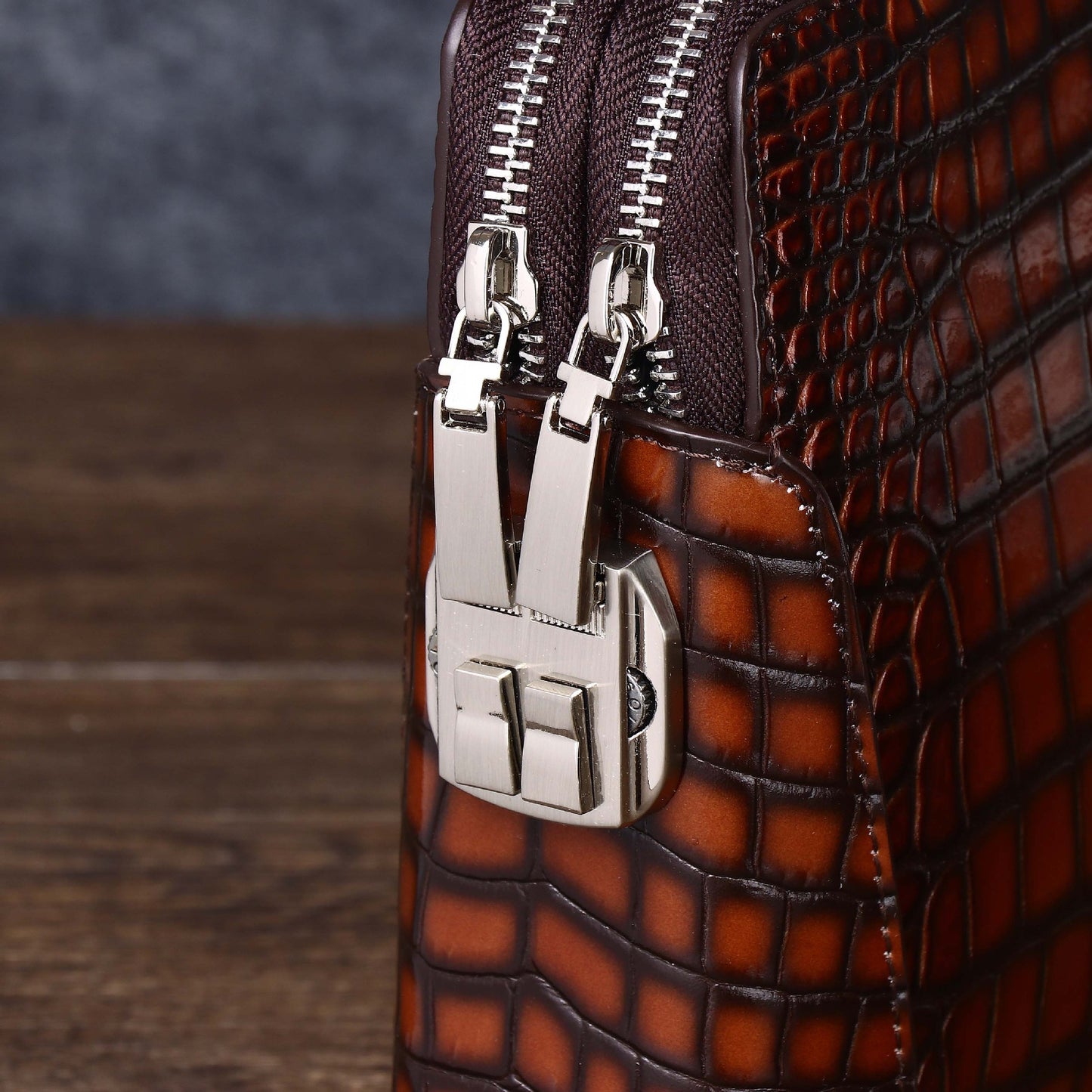 New Arrival Distressed Croc-Effect Clutch Bag for Men, A Large Capacity Casual Document Wallet with Double-Zip & Combination Lock