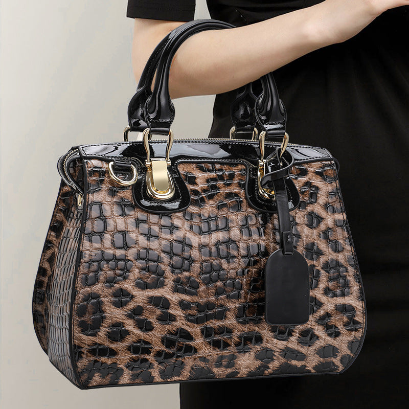 Leopard Print Structured Genuine Cowhide 3-in-1 Bag, Top Handle Shoulder Crossbody Handbag, Hard Shell Purse for Women