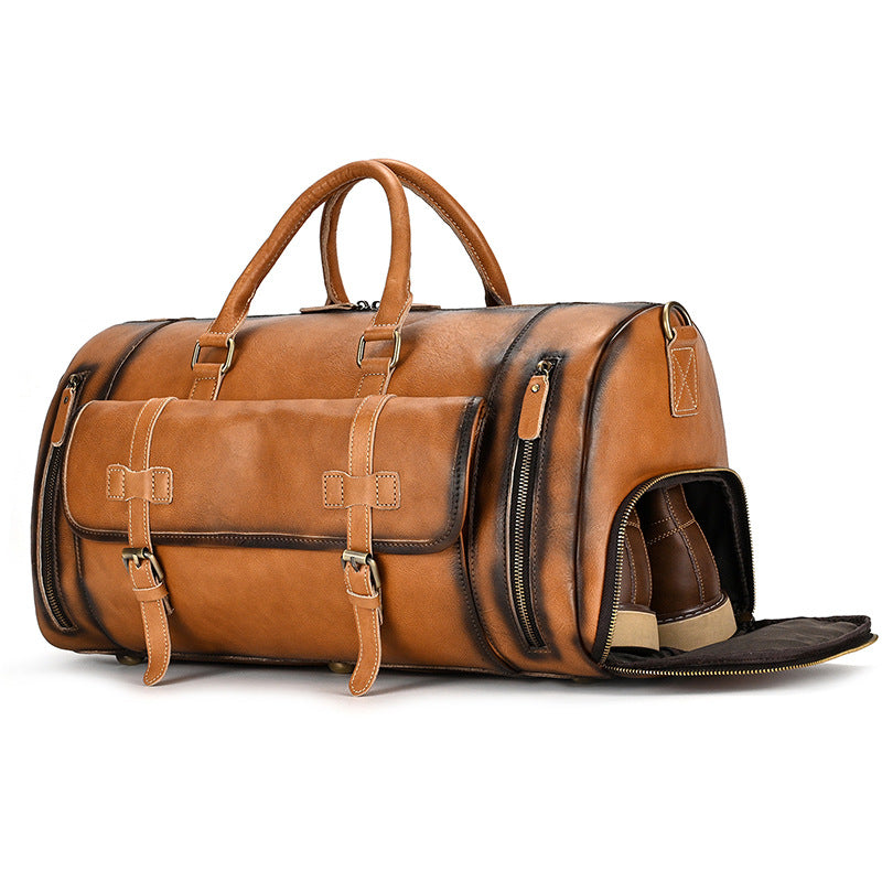 Crazy Horse Leather Large Capacity Travel Duffle with Shoe Compartment, Top Handle Shoulder Crossbody Bag, Premium Weekender for Men