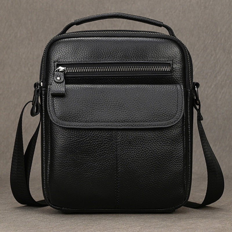 Genuine Black Cowhide Shoulder Crossbody Bag for Men, Fashionable Top Handle Pouch, iPad Tablet Casual Bag for Summer Fall for Gentlemen