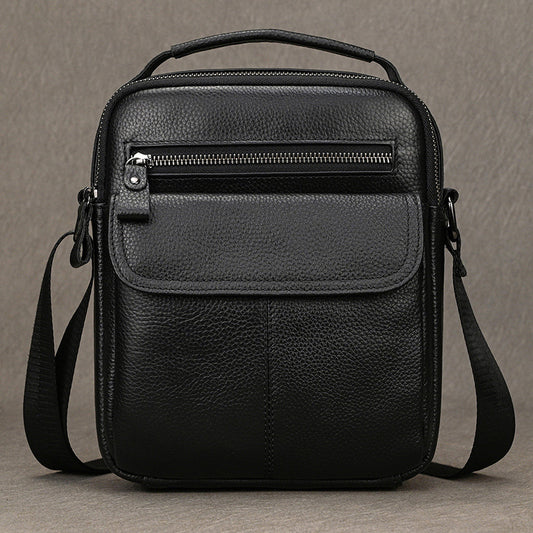 Genuine Black Cowhide Shoulder Crossbody Bag for Men, Fashionable Top Handle Pouch, iPad Tablet Casual Bag for Summer Fall for Gentlemen