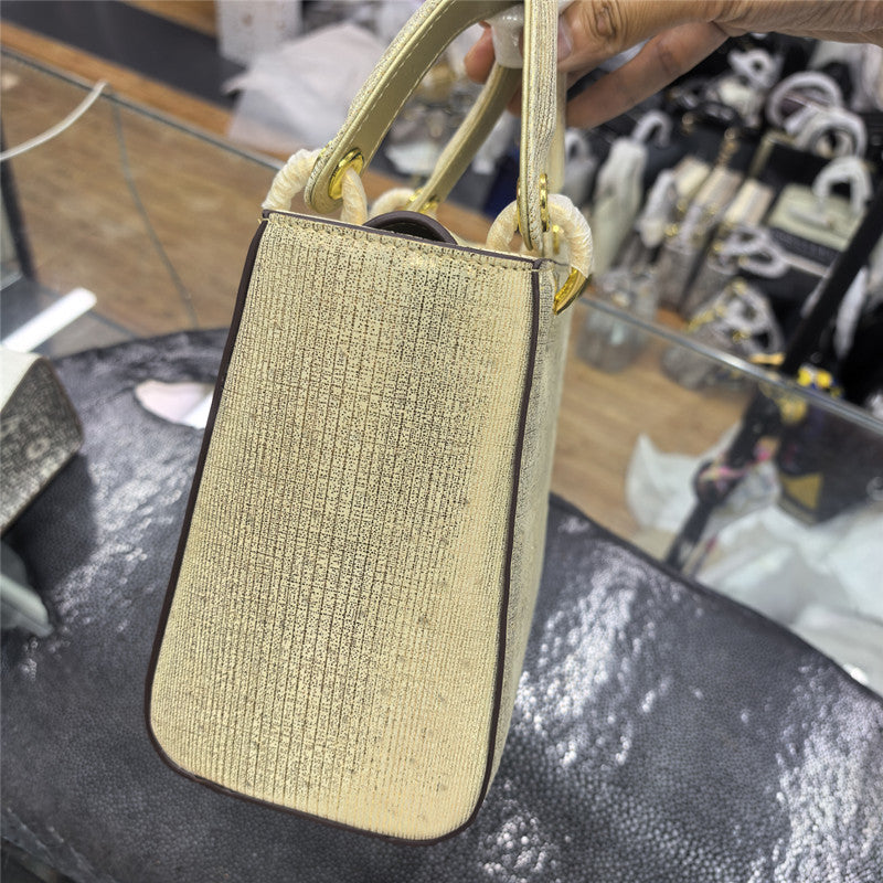 Genuine Gold Ostrich Leather Tote Bag for Women Large Capacity Shoulder Crossbody Handbag, Diamond Buckle Purse with Luxurious Texture