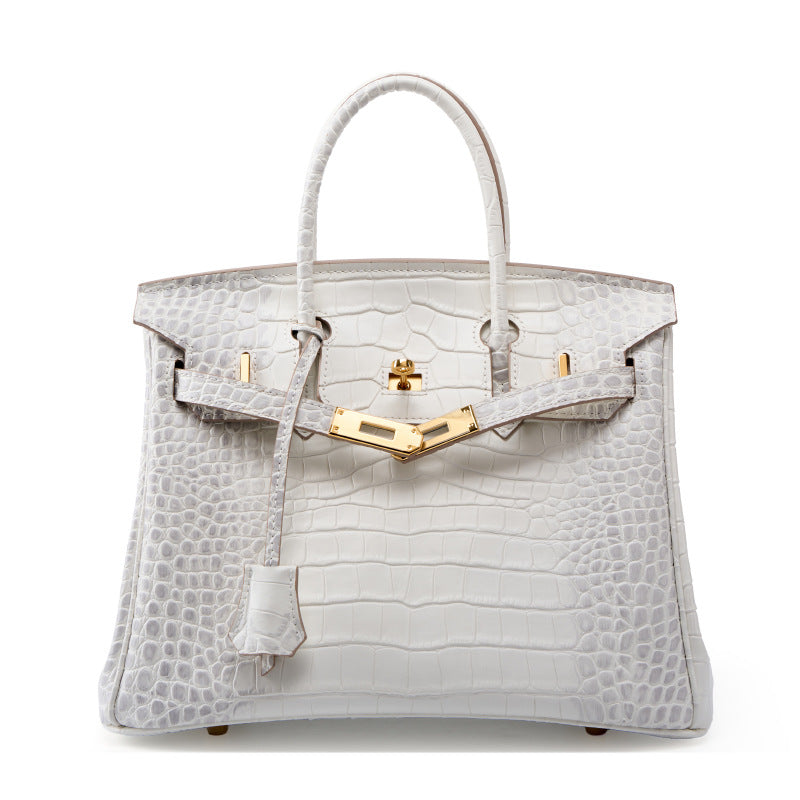 Genuine White Top Layer Cowhide Crocodile-Embossed Birkin-Style Bag for Women, Large Capacity Commute Top Handle Shoulder Purse, Premium Handbag for Ladies