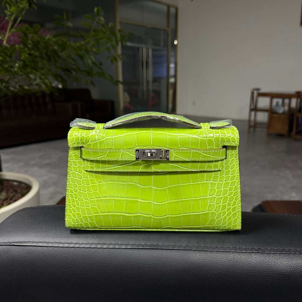 Genuine Top Layer Cowhide Crocodile-Embossed Kelly-Style 22cm Bag for Women, Hand-Stitched Waxed Thread with Full Steel Hardware, Light Luxury Small Square Top Handle Purse for Ladies
