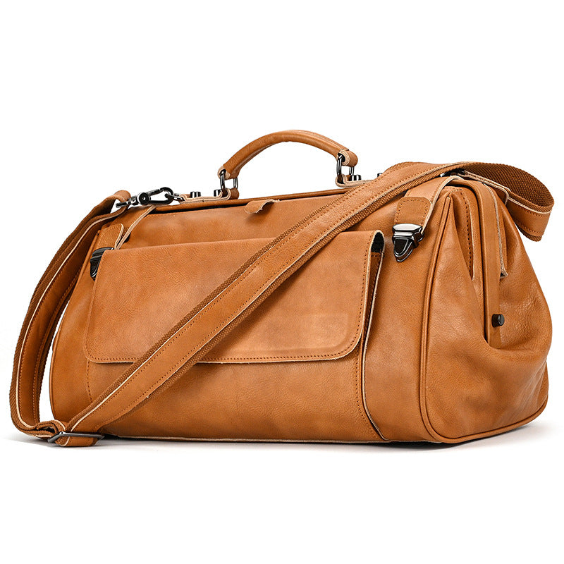 Vegetable-Tanned Leather Short Trip Business Duffle, Unisex Shoulder Crossbody Travel Bag, Trendy Top Handle Luggage for Men and Women