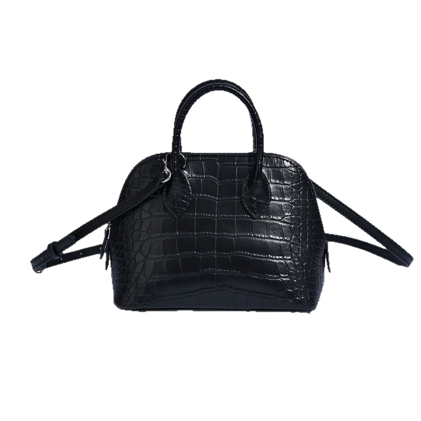New Arrival Croc-Effect Genuine Leather Bowling Shell Bag for Women, A Mini Top-Handle Crossbody Commuter Handbag with Trendy Versatile Design
