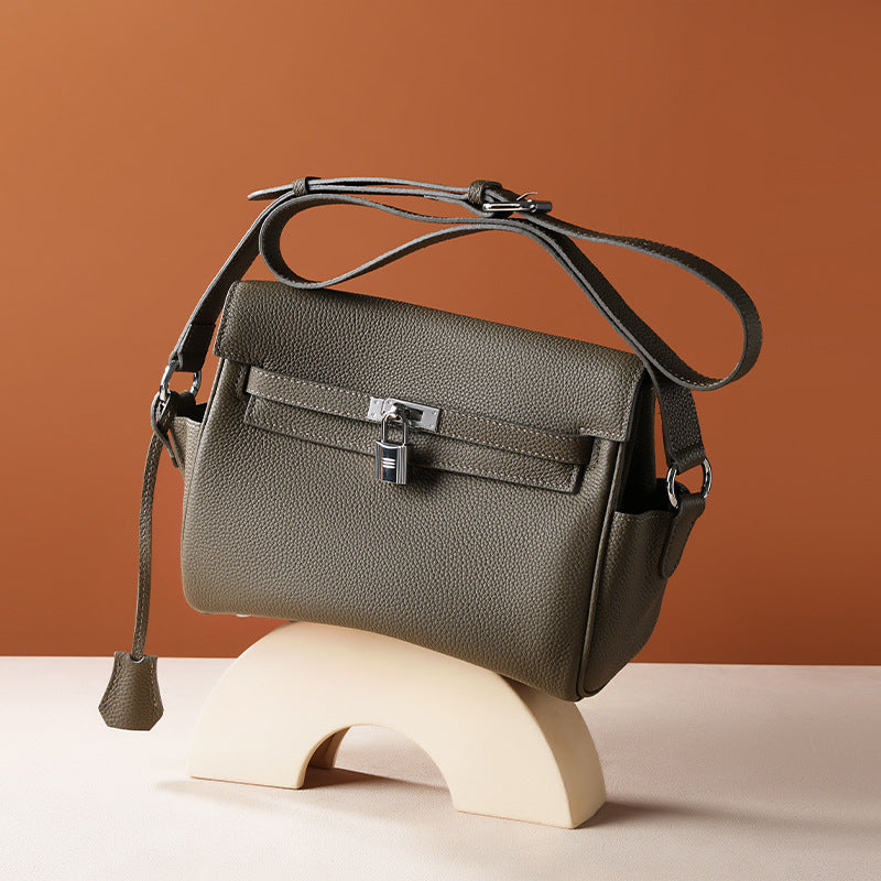 Genuine Togo Top Layer Cowhide Kelly-Style Messenger Bag for Women, Black New Crossbody Top Handle Commute Purse, Premium Shoulder Handbag for Ladies
