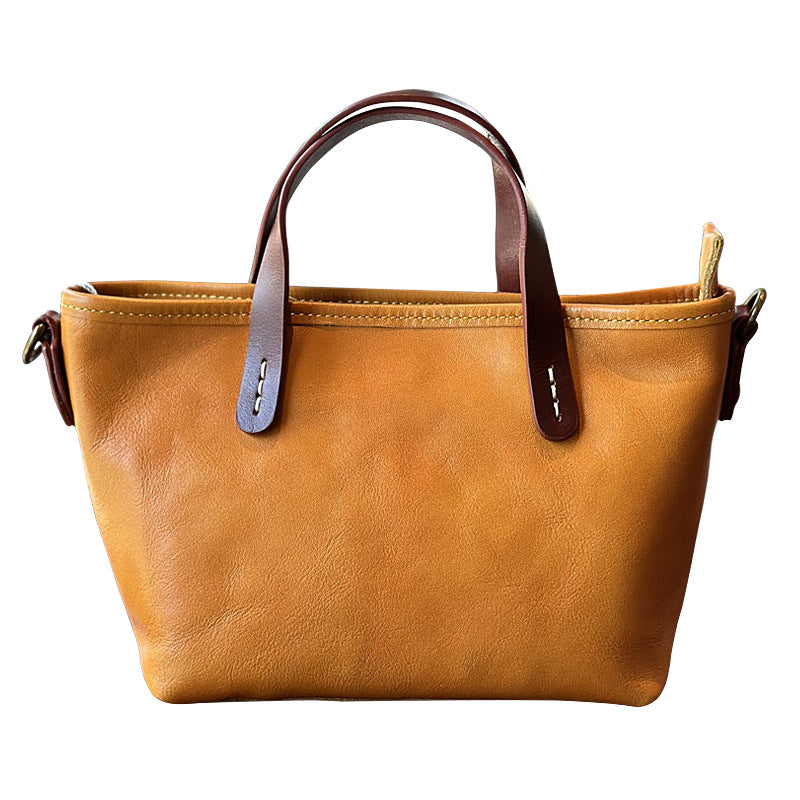 Vegetable-Tanned Leather Mini Phone Crossbody Bag, Color Block Top Handle Shoulder Purse, Versatile Handbag for Women