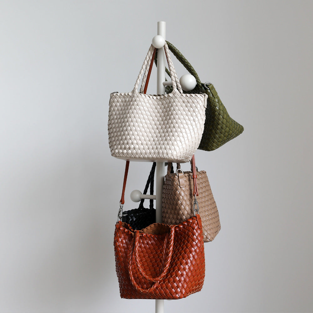 Classic Woven Basket Bag Set for Women Large Capacity Summer Shoulder Handbag with Detachable Sub-Bag, Casual Versatile Purse with Natural Texture