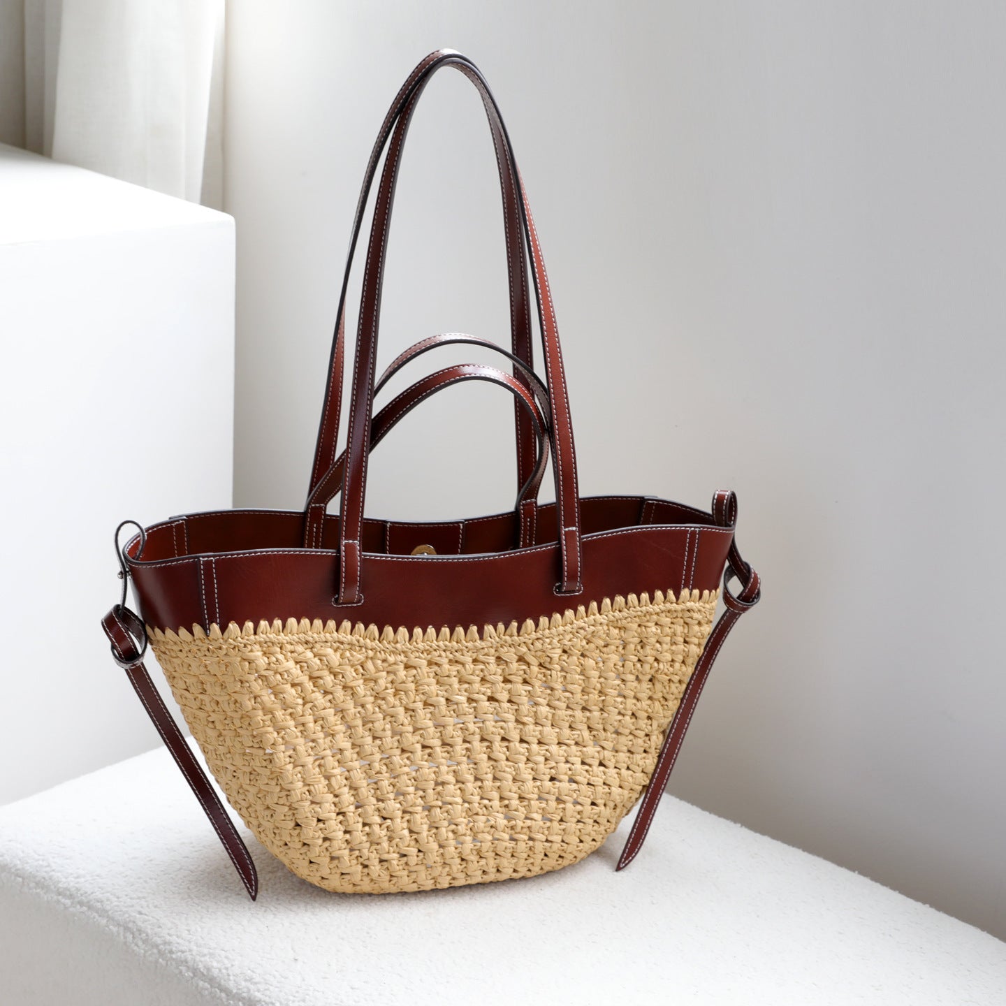 Straw Woven Underarm Beach Bag for Women Cowhide Leather Patchwork Shoulder Handbag, Resort Style Purse with Large Capacity