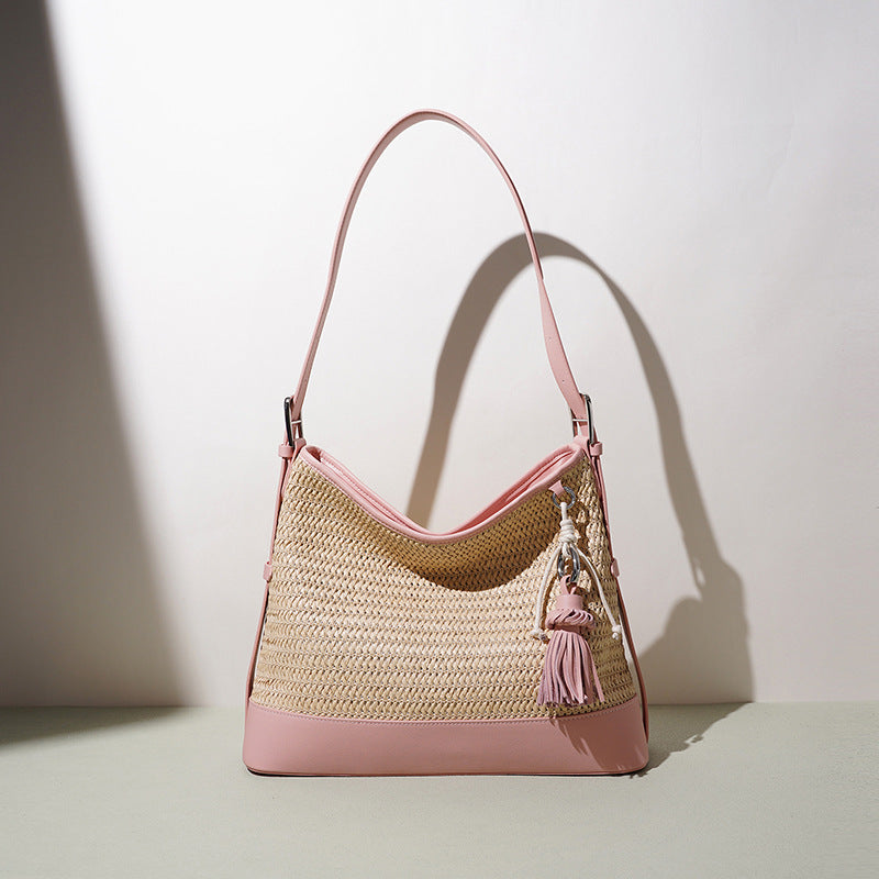 New Summer Woven Bucket Bag, Large Capacity Beach Vacation Crossbody Shoulder Purse, Premium Niche Versatile Handbag for Women