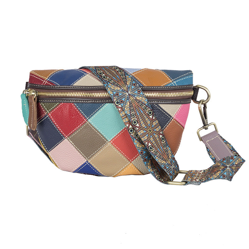 Genuine Top Layer Cowhide Colorful Patchwork Bag for Women, New Wide Strap Shell Crossbody Shoulder Purse, Trendy Dumpling Handbag for Ladies