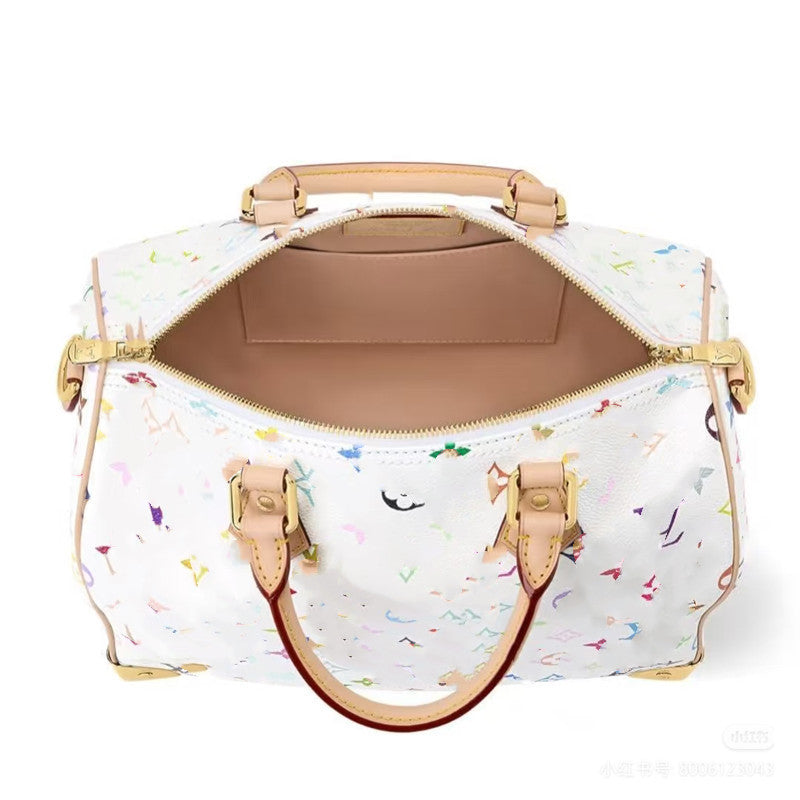 White Tricolor Speedy Style Travel Duffle Bag for Couples Large Capacity Pillow Handbag, Trendy Studded Carryall for Weekend Getaways