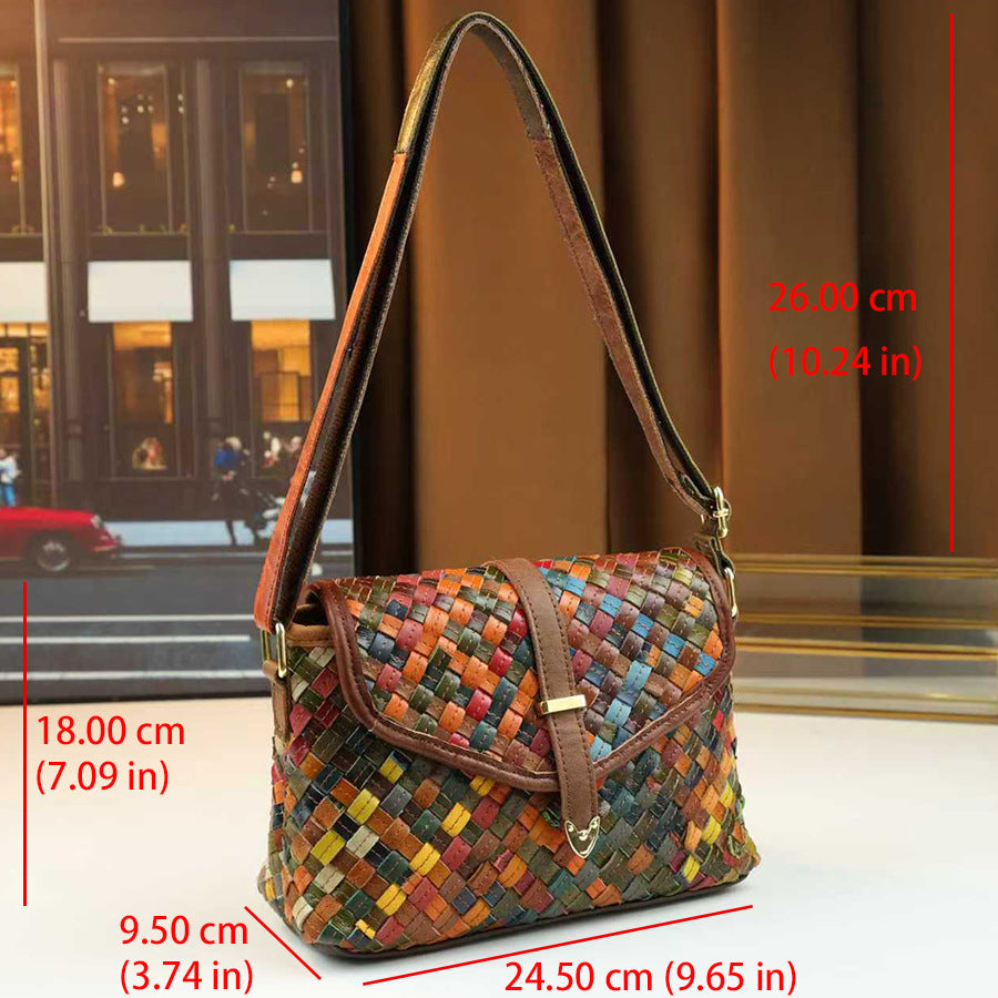 Genuine Leather Woven Mini Square Bag for Women Random Color Patchwork Shoulder Crossbody Purse, Versatile Fall Winter Handbag with Artisan Charm