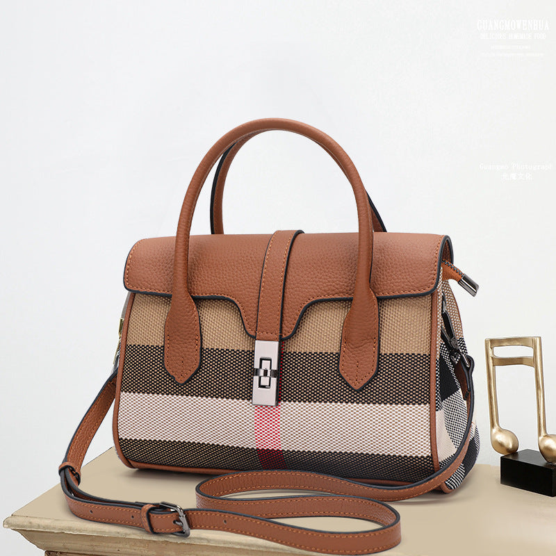 New Trendy Plaid Cowhide Tote Bag, Fashionable Casual Shoulder Crossbody Top Handle Purse, Premium Leather Handbag for Wome