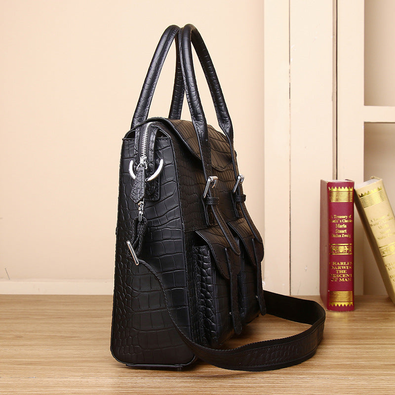 Genuine Leather Men's Laptop Crossbody Bag Large Capacity Multi-Compartment Business Handbag with Matte Crocodile Texture