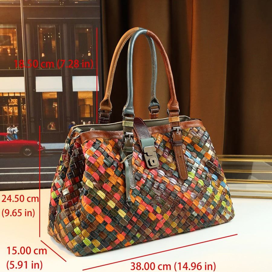 New Arrival Handcrafted Genuine Leather Bag for Women, A Unique Spliced Woven Shoulder Crossbody Handbag with Trendy Premium Design