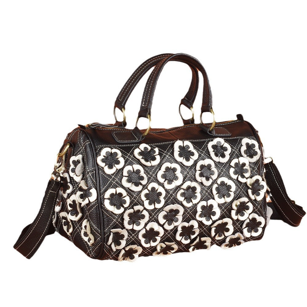 Genuine Top Layer Cowhide Colorful Floral Handbag for Women, Color Block Pillow Crossbody Top Handle Purse, Versatile Storage Shoulder Bag for Ladies