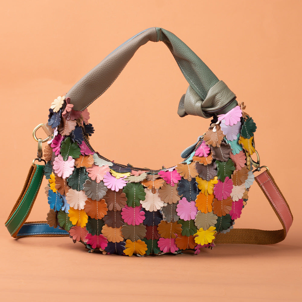 Genuine Leather Ethnic Colorful Patchwork Floral Crescent Bag for Women, New Arrival Bohemian Crossbody Shoulder Purse, Unique Designer Handbag for Ladies