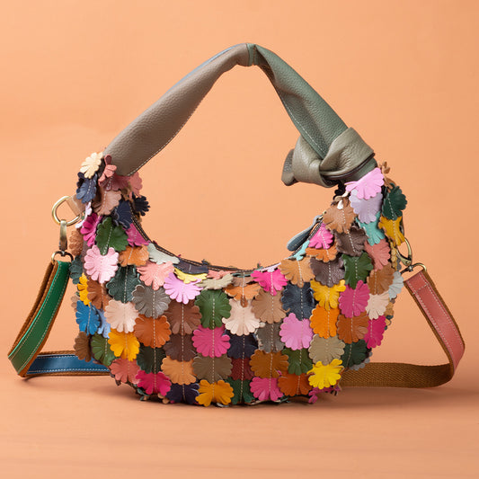 Genuine Leather Ethnic Colorful Patchwork Floral Crescent Bag for Women, New Arrival Bohemian Crossbody Shoulder Purse, Unique Designer Handbag for Ladies