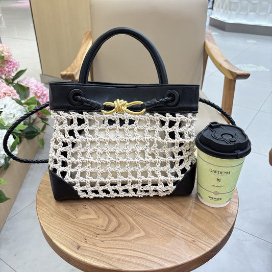 Genuine Leather Patchwork Tote Bag with Metal Butterfly Buckle, New Handwoven Cotton Rope Top Handle Mother-Child Bag, Trendy Handbag for Ladies