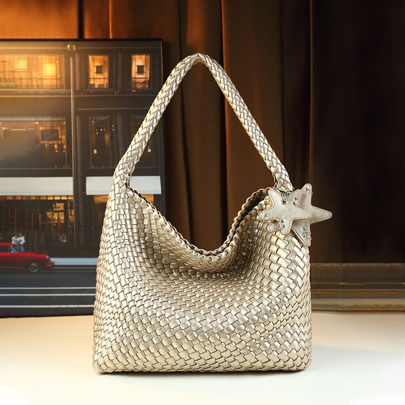 Star Handwoven Bucket Tote Bag for Women Large Capacity Casual Slouchy Shoulder Underarm Handbag with Premium Textured Design