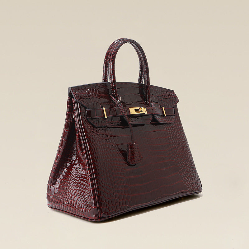 Top Layer Crocodile-Embossed Cowhide Birkin-Style Bag for Women, Large Capacity Commute Top Handle Underarm Purse, Premium Light Luxury Handbag for Ladies