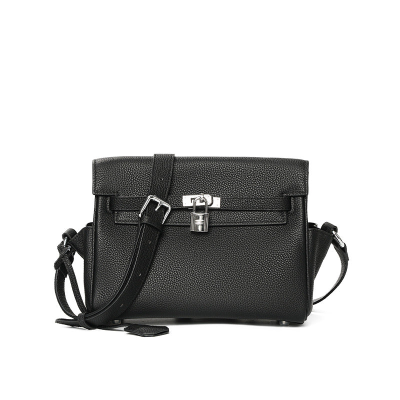 Genuine Togo Top Layer Cowhide Kelly-Style Messenger Bag for Women, Black New Crossbody Top Handle Commute Purse, Premium Shoulder Handbag for Ladies