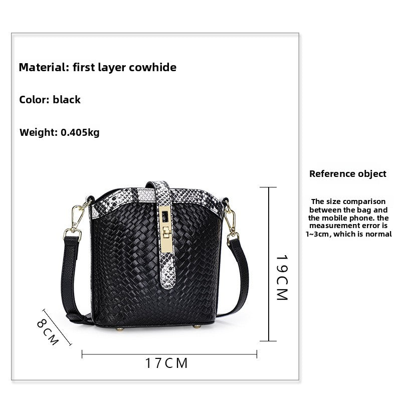 Genuine Leather Bucket Bag for Women, New Summer Versatile Mom Shoulder Bag, Fashionable Woven Texture Handbag for Ladies