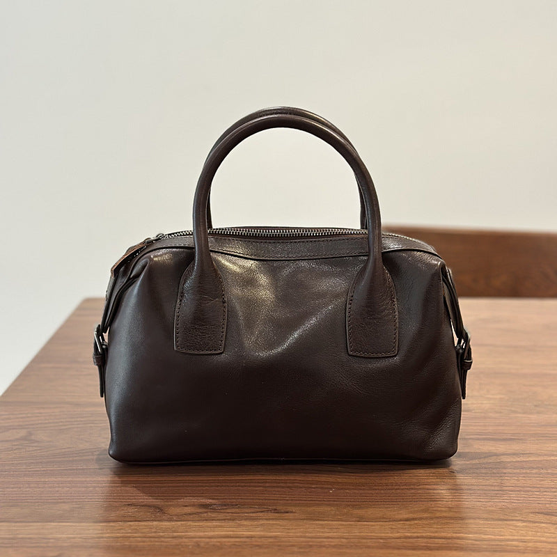 Genuine Top Layer Vegetable-Tanned Cowhide Boston Bag for Women, Minimalist Vintage Shoulder Crossbody Top Handle Purse, Fashionable Commute Handbag for Ladies