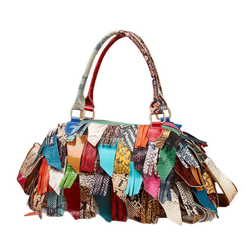 Genuine Leather Snakeskin Color Block Tassel Handbag for Women, Unique Designer Crossbody Shoulder Bag, Top Handle Purse with Fringe Detail