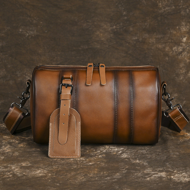 Men's Vintage Top Grain Cowhide Crossbody Bag Round Barrel Casual Messenger Large Capacity Shoulder Satchel
