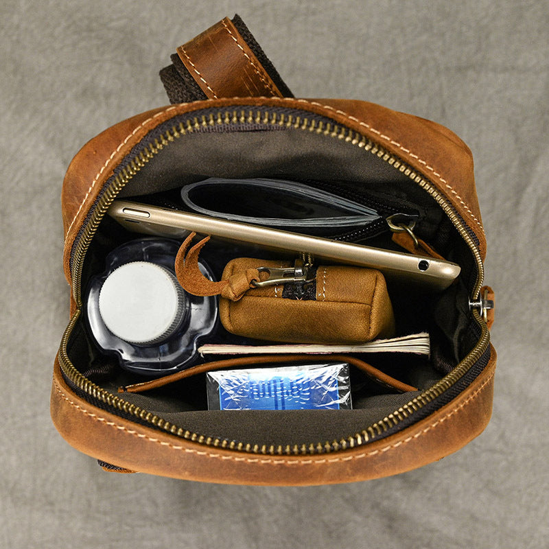 Crazy Horse Leather Minimalist Chest Bag, Casual Crossbody Shoulder Pouch, Outdoor Commute Bag for Men