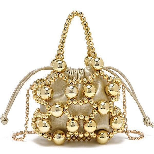 Cross-border new niche design exquisite hollow metal beaded woven bag 2025 new sense portable oblique span bag