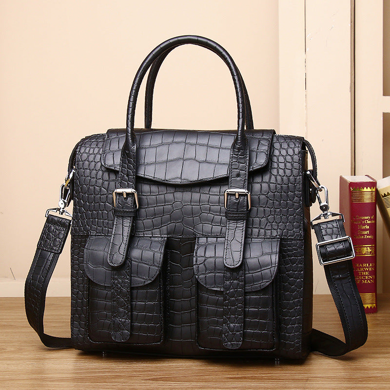 Genuine Leather Men's Laptop Crossbody Bag Large Capacity Multi-Compartment Business Handbag with Matte Crocodile Texture