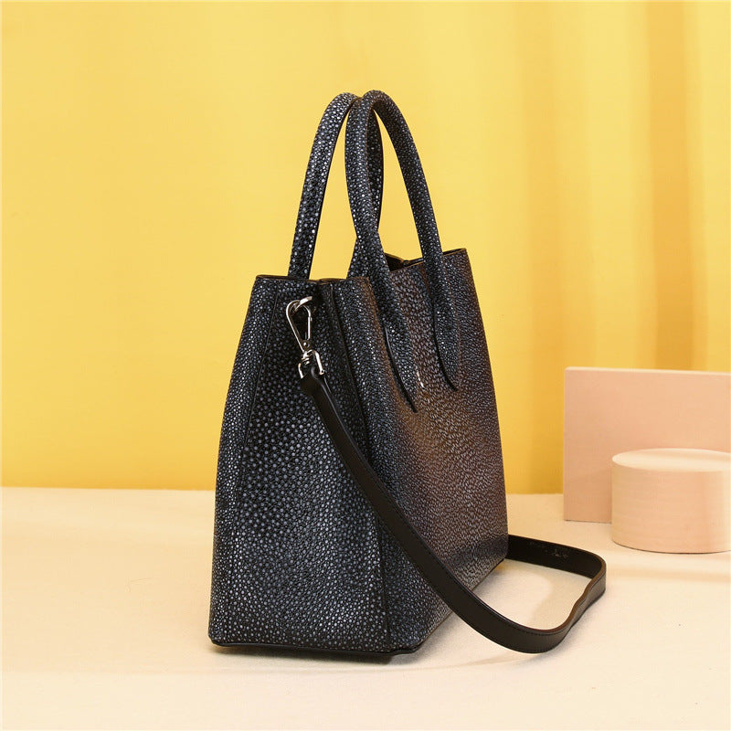 Genuine Leather Pearl Fish Grain Tote Bag for Women Large Capacity Garden Shoulder Handbag, Starry Textured Purse for Banquet & Everyday Style