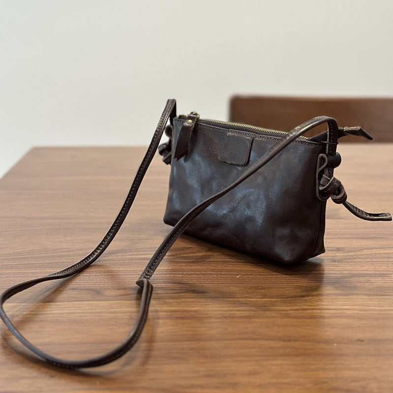 New Vintage Niche Genuine Leather Mini Phone Crossbody Bag, Textured Shoulder Purse, Versatile Commute Handbag for Women