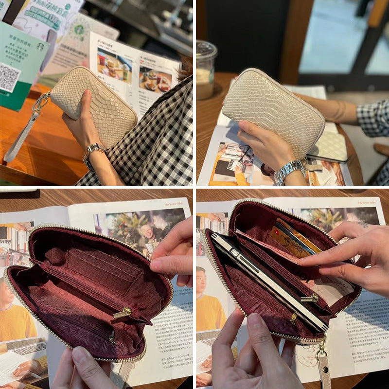 New Arrival Croc-Effect Genuine Leather Long Wristlet Wallet for Women, A Top-Layer Cowhide Phone Bag with Elegant Design & Comfortable Wrist Strap
